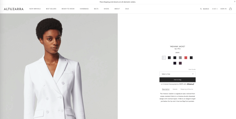 Screenshot of Altuzarra&rsquo;s Indiana Jacket product page.