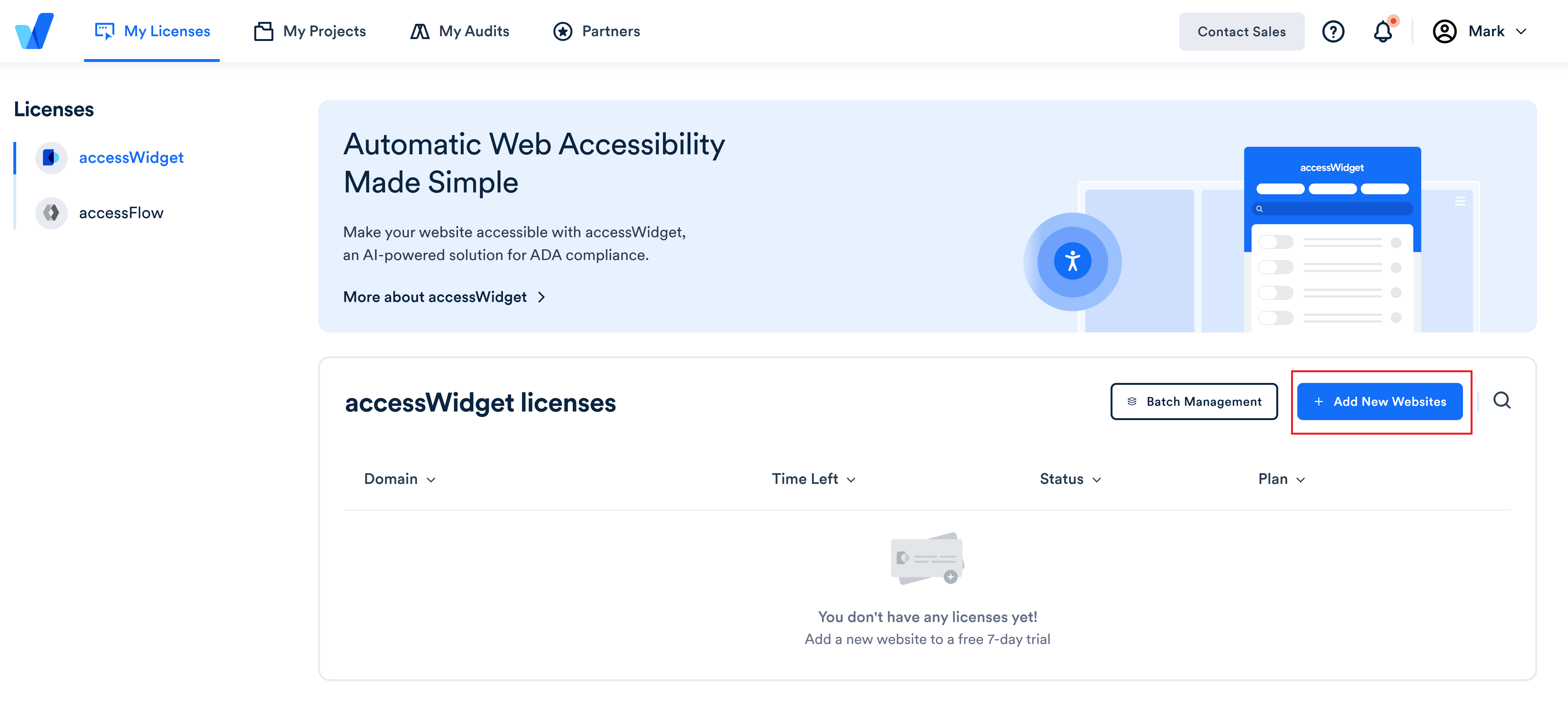 Screenshot of add websites